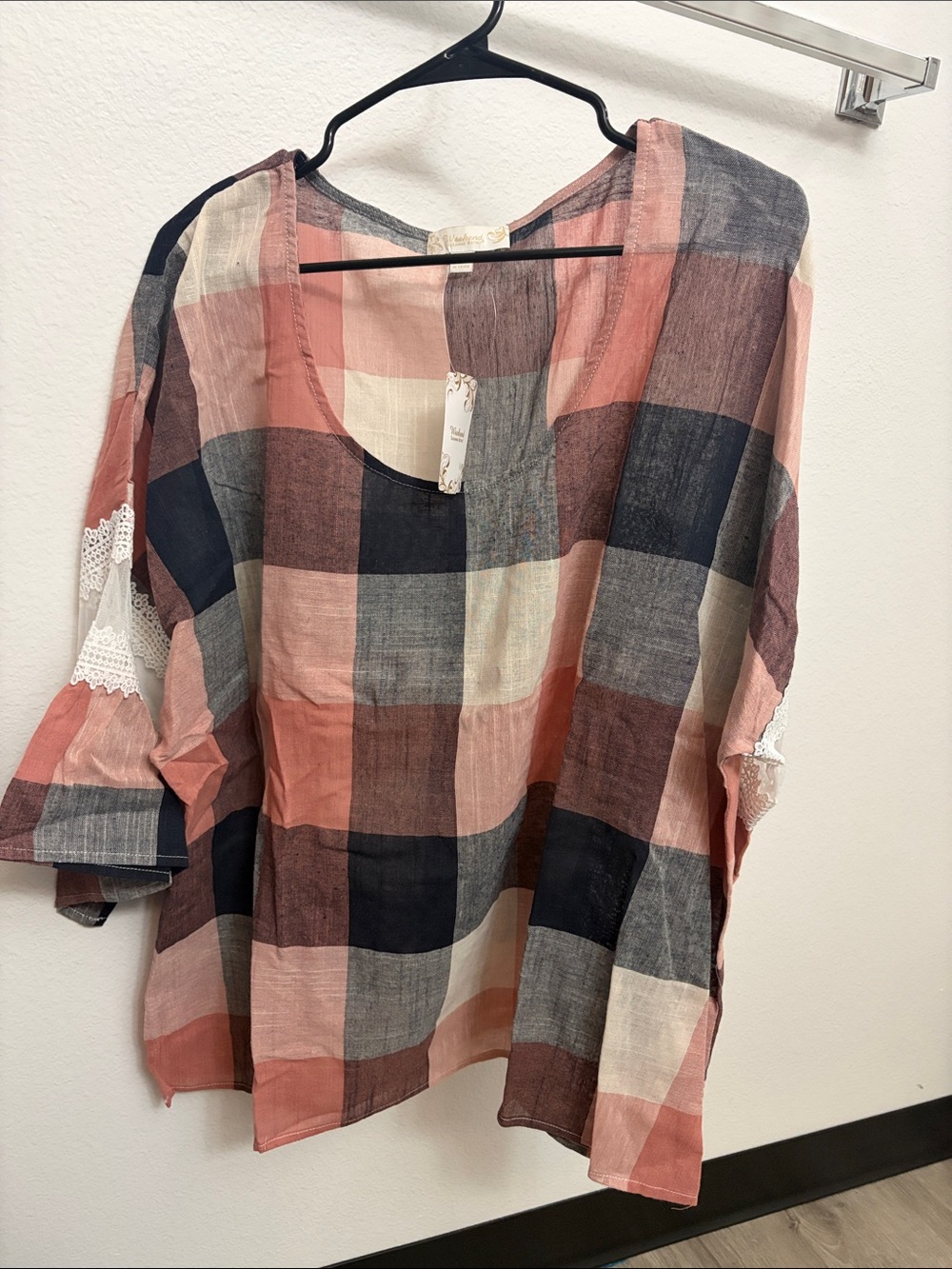 Suzanne Betro Plaid Peasant Tunic in Pink, Navy & Cream